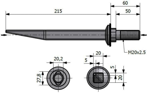 Ząb brony P20x210 M20 łezka RYSUNEK TECHNICZNY
