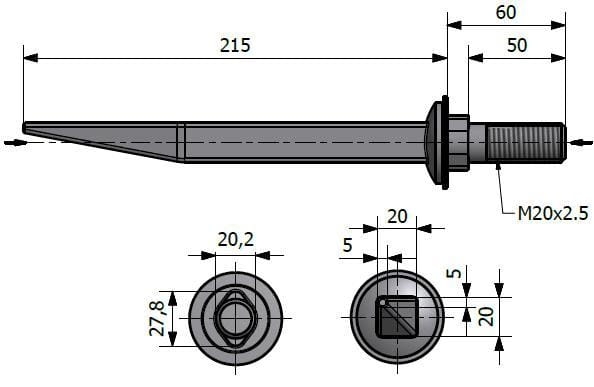 Ząb brony P20x210 M20 łezka RYSUNEK TECHNICZNY
