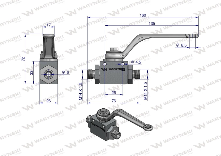 Zawór kulowy hydrauliczny 2-drogowy 2/2 M14x1.5 08L z otworami mocującymi 500 bar Waryński 4