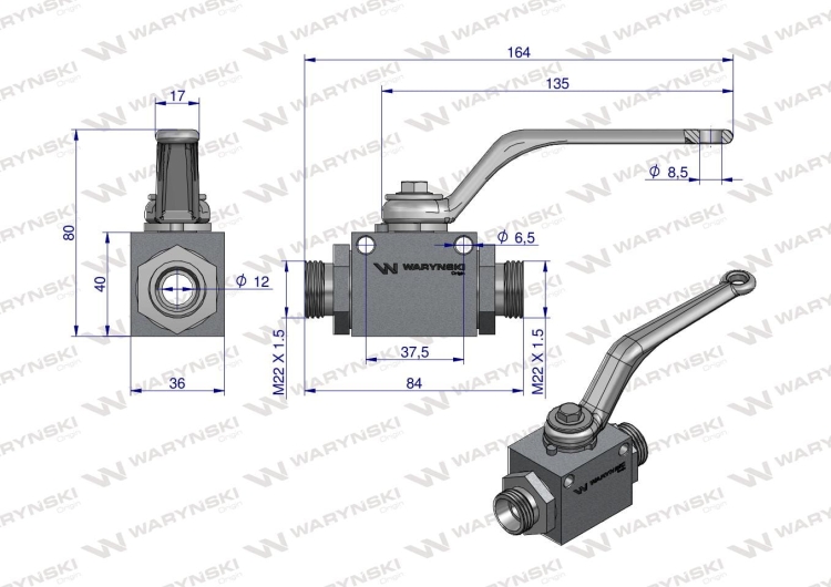 Zawór kulowy hydrauliczny 2-drogowy 2/2 M22x1.5 15L z otworami mocującymi 500 bar Waryński 2