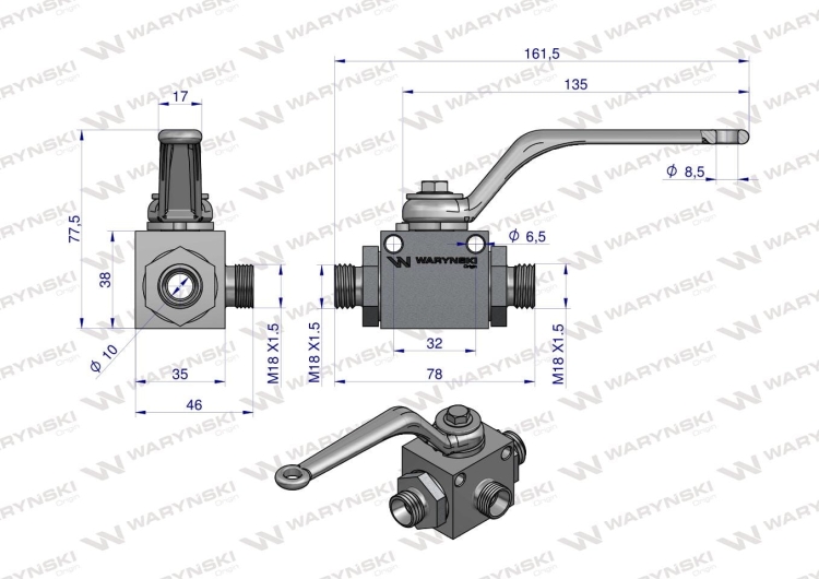 Zawór kulowy hydrauliczny 3-drogowy 3/2 M18x1.5 12L z otworami mocującymi 500 bar Waryński 2