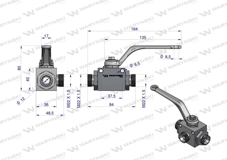 Zawór kulowy hydrauliczny 3-drogowy 3/2 M22x1.5 15L z otworami mocującymi 500 bar Waryński 5