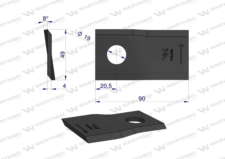 Nóż nożyk kosiarka lewy 90x48x4mm otwór 19 zastosowanie 1448251 Krone WARYŃSKI 2