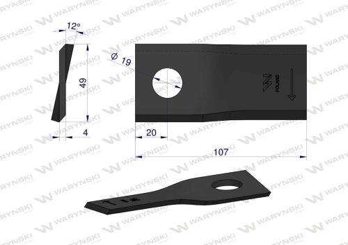 Nóż nożyk kosiarka prawy 107x50x4mm otwór 19 zastosowanie 13800032 JF-Stoll WARYŃSKI 2