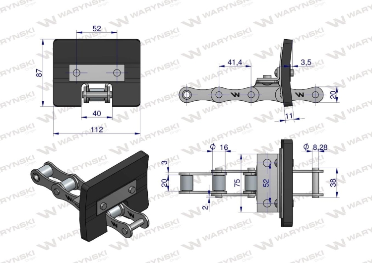 Łańcuch podajnika kłosowego kpl. 31 łopatek 86 x 110 mm zastosowanie Bizon Waryński  2
