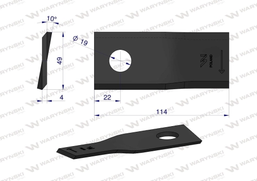 Nóż nożyk kosiarka prawy 114x48x4mm otwór 19 zastosowanie 13800015 JF-Stoll WARYŃSKI 2