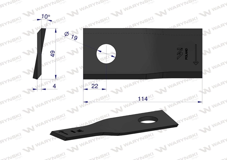Nóż nożyk kosiarka prawy 114x48x4mm otwór 19 zastosowanie 13800015 JF-Stoll WARYŃSKI 2