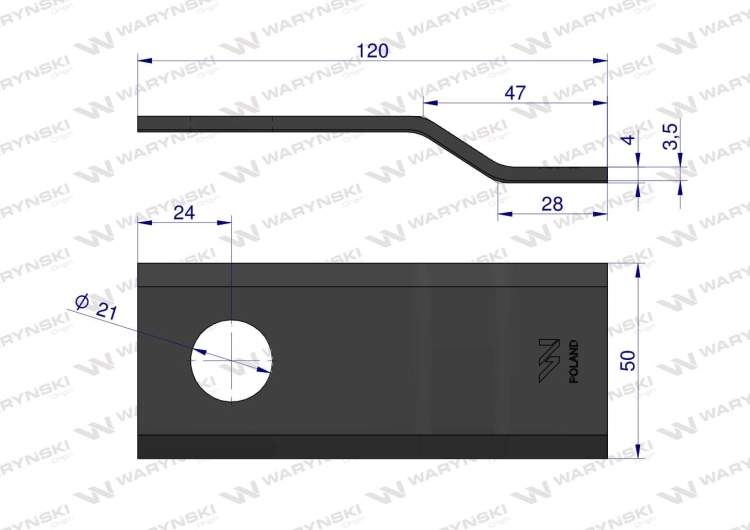 Nóż nożyk kosiarka gięty 120x50x4mm otwór 21 Pottinger 434122 WARYŃSKI 2