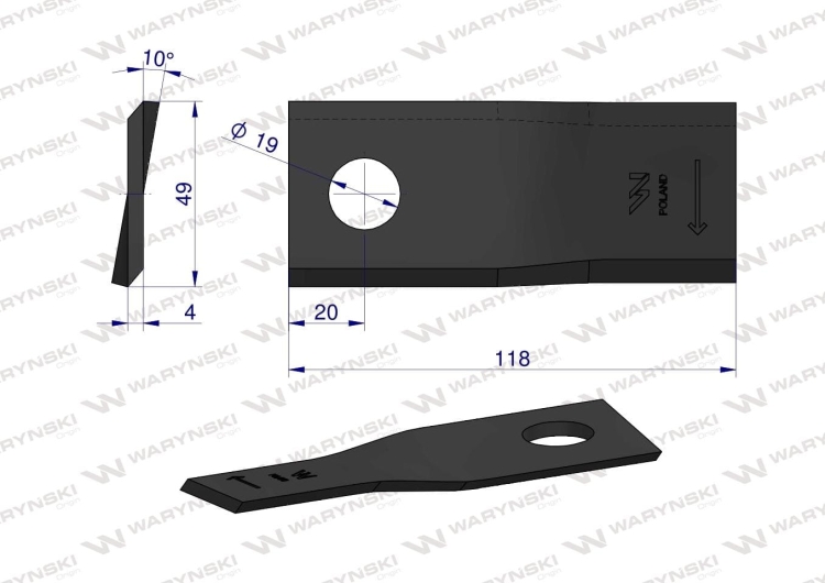 Nóż nożyk kosiarka prawy 118x48x4mm otwór 19 zastosowanie 133074 Fella WARYŃSKI 2