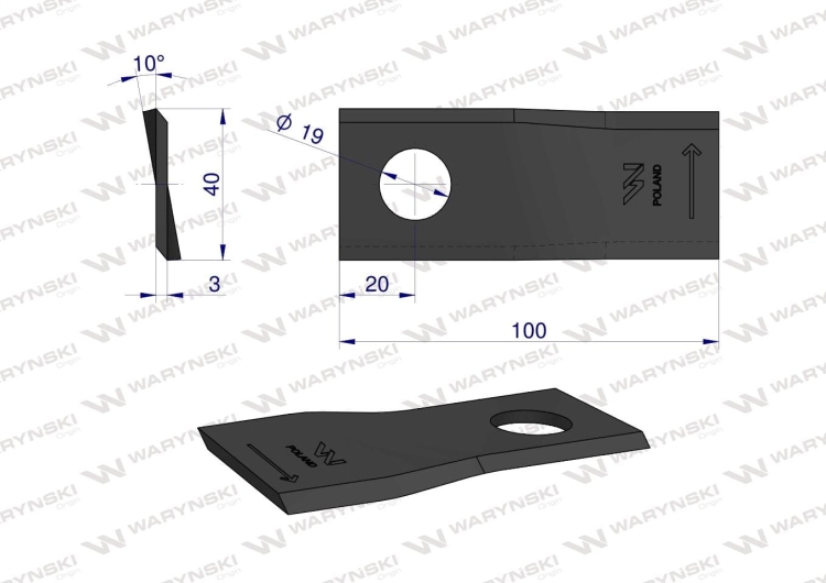 Nóż nożyk kosiarka lewy 100x40x3mm otwór 19 BCS Sipma 580290966 WARYŃSKI 2