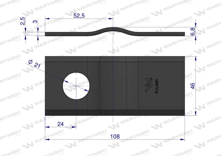 Nóż nożyk kosiarka gięty 108x46x3mm otwór 21 zastosowanie CM120-108 PZ WARYŃSKI 2