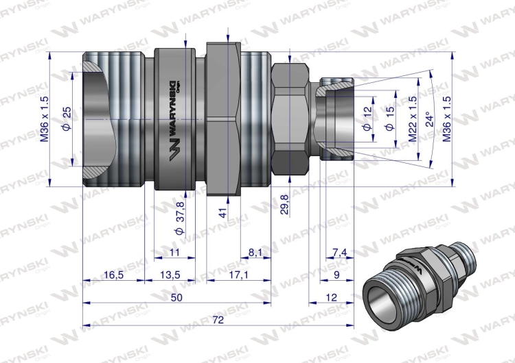Komplet - zawór gniazdo M22x1.5 skręcane (50490020) z gwintowaną pokrywą/osłoną aluminiową Waryński 3