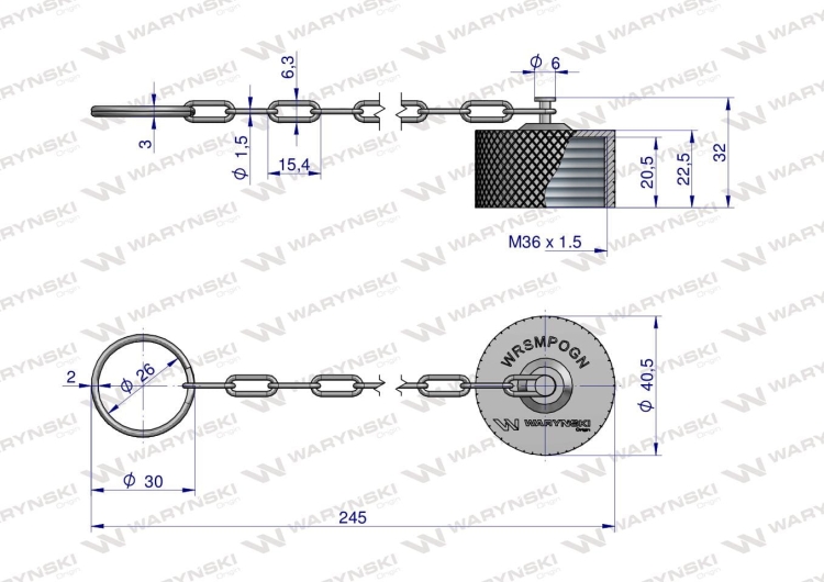 Komplet - zawór gniazdo M22x1.5 skręcane (50490020) z gwintowaną pokrywą/osłoną aluminiową Waryński 4