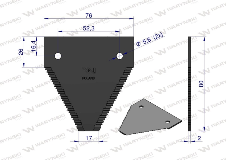 Nóż żniwny 80x76x2mm otwór 5.5 zastosowanie 417800220 1650333 Deutz-Fahr WARYŃSKI 2