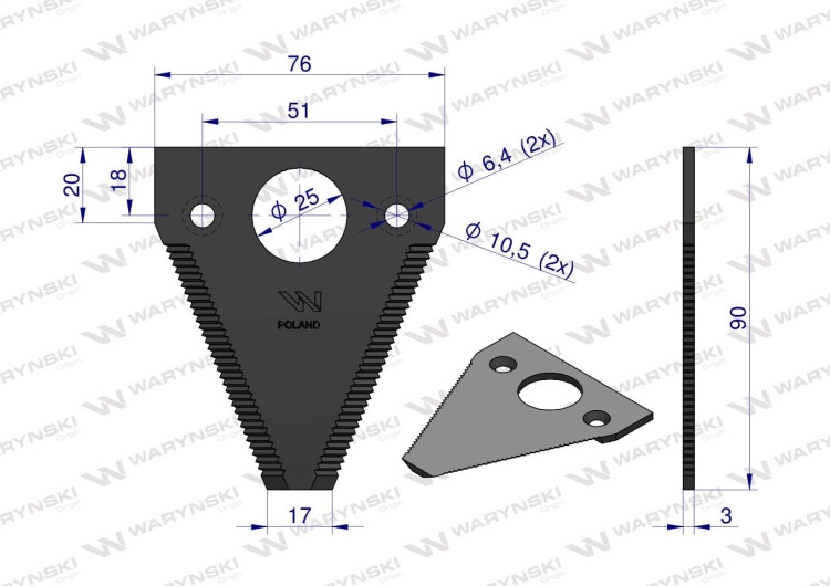Nóż żniwny 90x76x3mm otwór 6.5 zastosowanie E18 Fortschritt WARYŃSKI 2