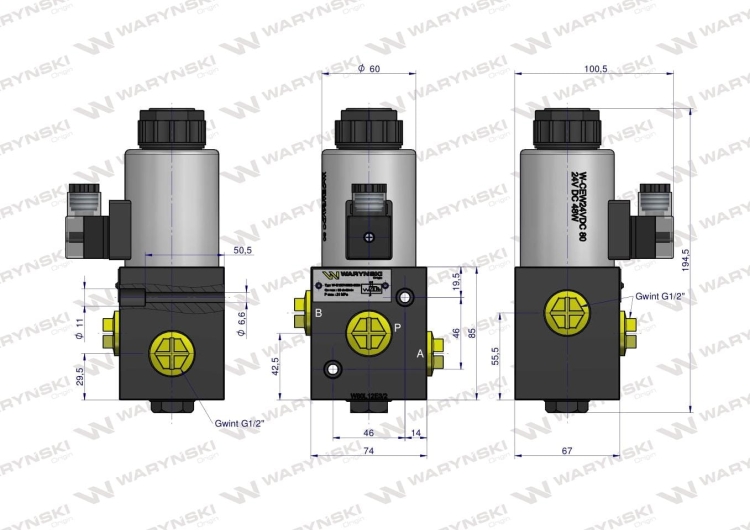 Elektrozawór 3-drogowy elektromagnetyczny kontroli 3/2 W-E12DVS3/2-80L G1/2" 80L (24V DC) Waryński