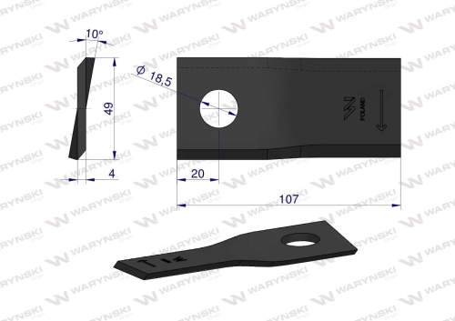 Nóż nożyk kosiarka prawy 107x48x4mm otwór 18.5 zastosowanie 90261560 99361560 Vicon WARYŃSKI (2)