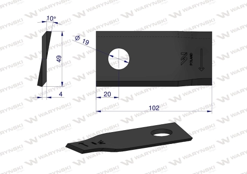 Nóż nożyk kosiarka prawy 102x48x4mm otwór 19 zastosowanie 570446 Niemeyer WARYŃSKI 2