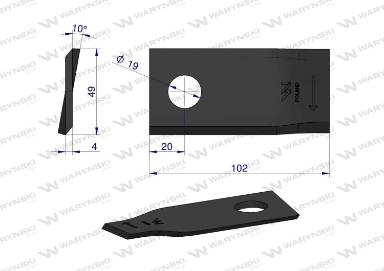 Nóż nożyk kosiarka prawy 102x48x4mm otwór 19 zastosowanie 570446 Niemeyer WARYŃSKI 2