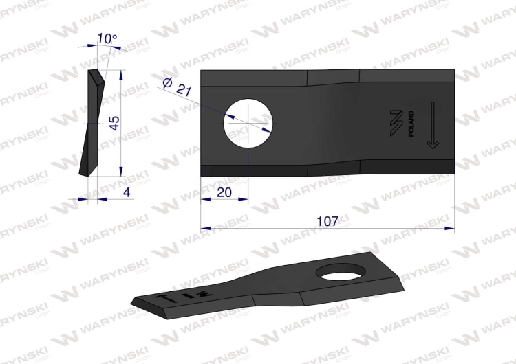 Nóż nożyk kosiarka prawy 107x46x4mm otwór 21 zastosowanie 55903310 Kuhn WARYŃSKI 2