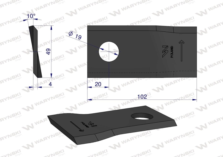 Nóż nożyk kosiarka lewy 102x48x4mm otwór 19 zastosowanie 140693 Fella WARYŃSKI  2