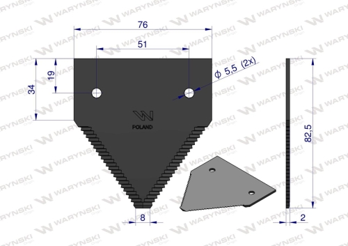 Nóż żniwny 80x76x2mm otwór 5.5 zastosowanie 206236M1 Massey Ferguson WARYŃSKI 2