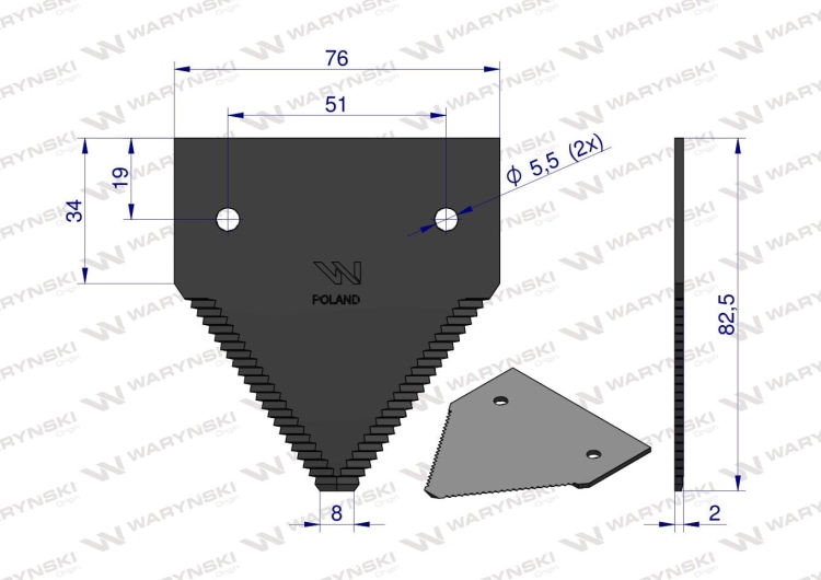 Nóż żniwny 80x76x2mm otwór 5.5 zastosowanie 206236M1 Massey Ferguson WARYŃSKI 2