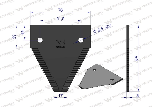 Nóż żniwny 84x76x3mm otwór 6.5 zastosowanie 611203.1 Claas WARYŃSKI 2