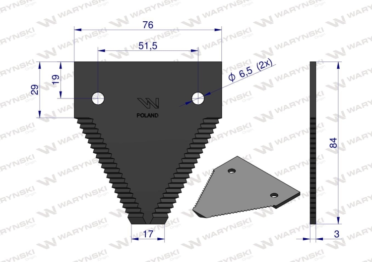 Nóż żniwny 84x76x3mm otwór 6.5 zastosowanie 611203.1 Claas WARYŃSKI 2