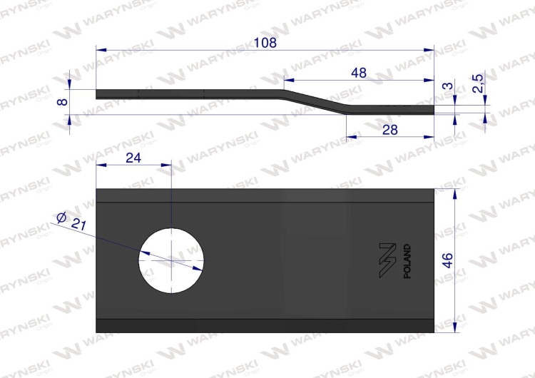 Nóż nożyk kosiarka gięty 108x46x3mm otwór 21 zastosowanie 108P Galfre WARYŃSKI 2