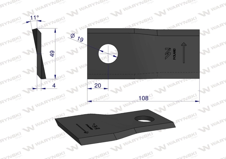 Nóż nożyk kosiarka lewy 108x47x4mm otwór 19 zastosowanie 1434985 Pottinger WARYŃSKI 2