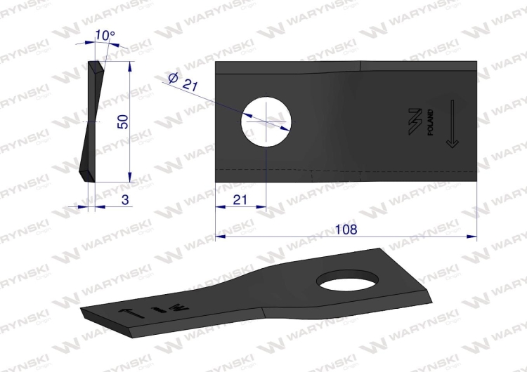 Nóż nożyk kosiarka prawy 108X50X3mm otwór 21 zastosowanie RF 108/3 Famarol WARYŃSKI  2