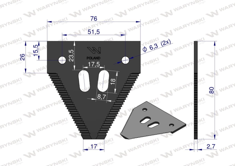 Nóż żniwny 80x76x2.7mm otwór 6.5 zastosowanie 1096606 420100046 Schumacher WARYŃSKI