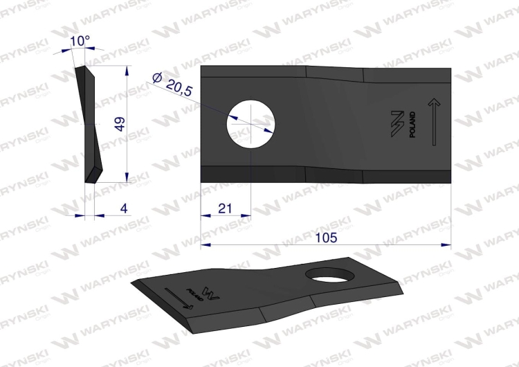 Nóż nożyk kosiarka lewy 105x48x4mm otwór 20 zastosowanie 6801410 Kuhn WARYŃSK 2