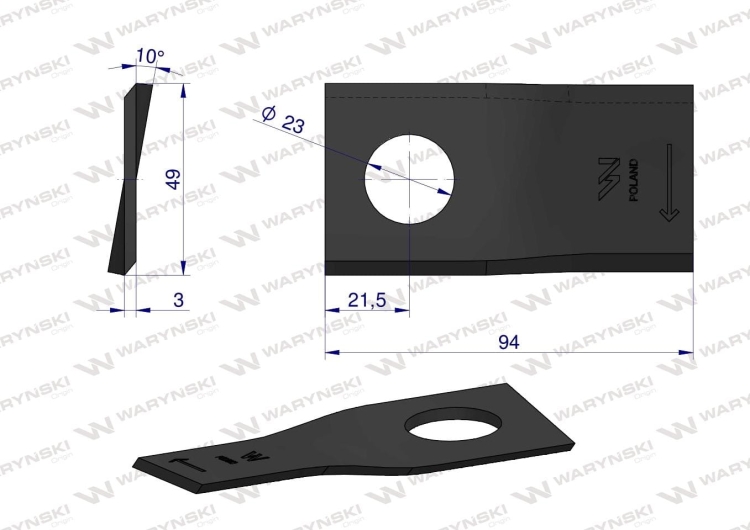 Nóż nożyk kosiarka prawy 94x48x3mm otwór 23 Mortl T673R WARYŃSKI rysunek techniczny