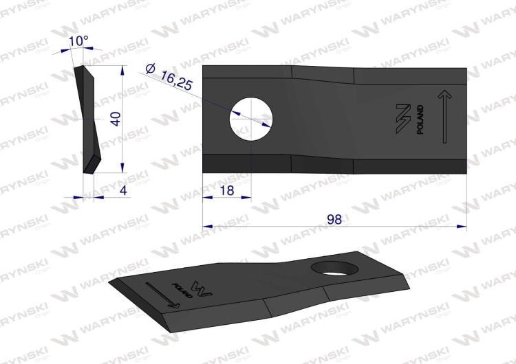 Nóż nożyk kosiarka lewy 98x40x4mm otwór 16.2 zastosowanie DM-303 Claas WARYŃSKI (2)