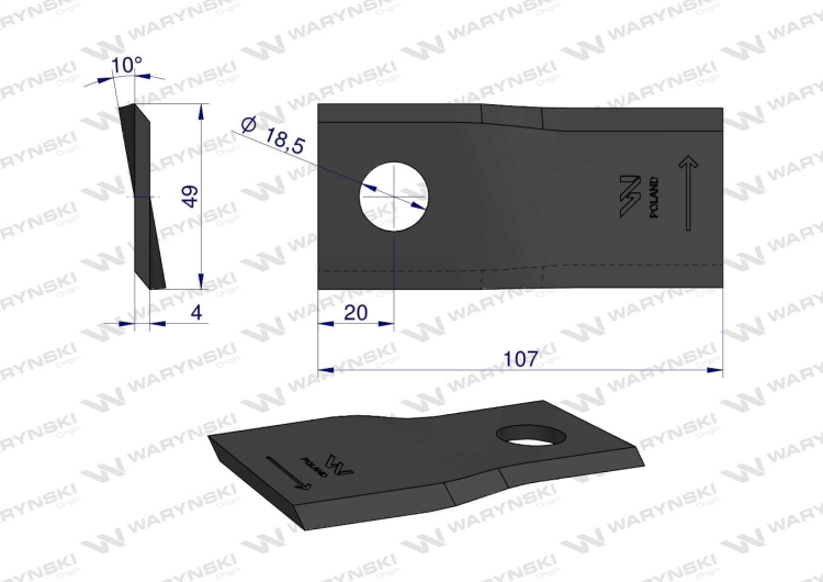Nóż nożyk kosiarka lewy 107x48x4mm otwór 18.5 zastosowanie 90261559 99361559 Vicon WARYŃSKI (2)