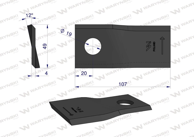 Nóż nożyk kosiarka lewy 107x50x4mm otwór 19 zastosowanie 13800031 JF-Stoll WARYŃSKI 2