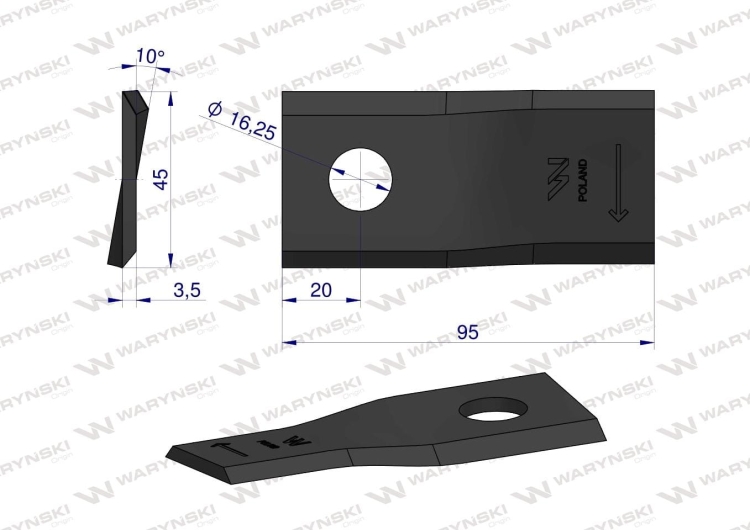 Nóż nożyk kosiarka prawy 95x45x3.5mm otwór 16.25 zastosowanie CC20501 New Holland WARYŃSKI 2