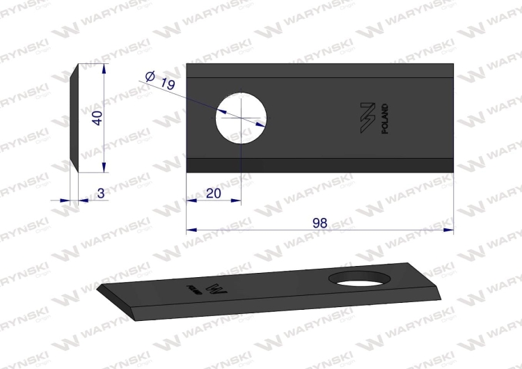 Nóż nożyk kosiarka 98X40X3mm otwór 19 zastosowanie 58029045 BCS WARYŃSKI 2