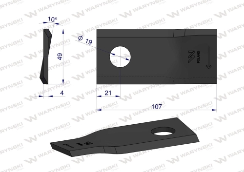 Nóż nożyk kosiarka prawy 107x50x4mm otwór 19 Niemeyer 570684 WARYŃSKI 2