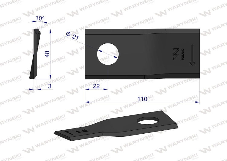 Nóż nożyk kosiarka prawy 110x48x3mm otwór 21 zastosowanie 108P Galfre WARYŃSKI 2
