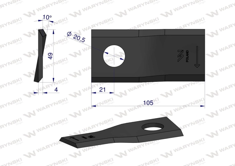 Nóż nożyk kosiarka prawy 105x48x4mm otwór 20 zastosowanie 6801420 Kuhn WARYŃSKI (2)