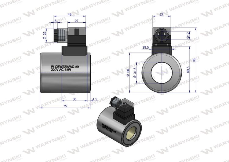 Cewka dzielnika elektrozaworu W-E12DVS6/2-80L. W-E12DVS3/2-80L 220V AC 48W Waryński 4