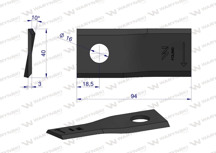 Nóż nożyk kosiarka prawy 94X40X3mm otwór 16 zastosowanie RF 94 Famarol WARYŃSKI 2