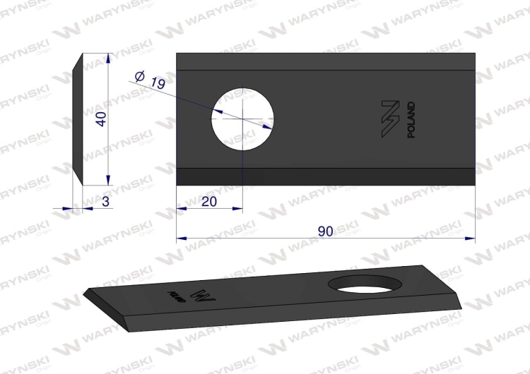Nóż nożyk kosiarka 90X40X3mm otwór 19 zastosowanie 06561543 MT 52 Deutz-Fahr WARYŃSKI 2