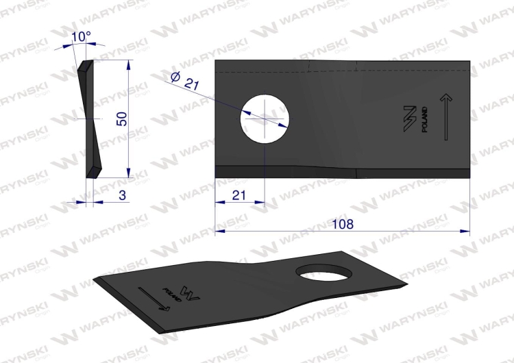 Nóż nożyk kosiarka lewy 108X50X3mm otwór 21 zastosowanie RF 108/3 Famarol WARYŃSKI 2