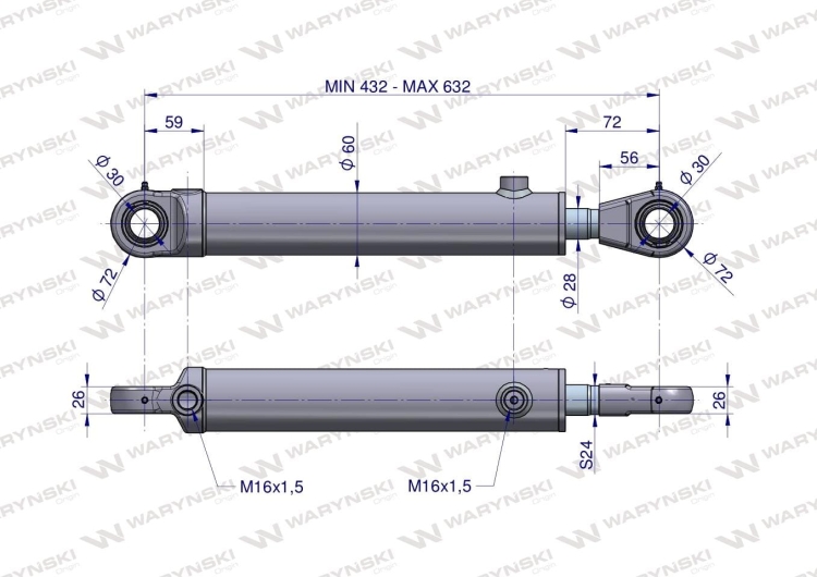 Cylinder hydrauliczny - siłownik dwustronny wspomagania CJF-50/28/200Z (sworzeń 30mm) Bizon Waryński 2