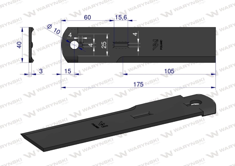 Nóż stały rozdrabniacz słomy sieczkarnia 175x40x3mm otwór 10 zastosowanie 1322233C2 525115 Dronningborg Case MF WARYŃSKI 2