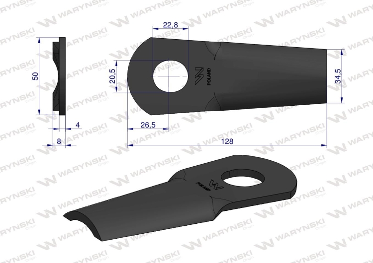 Nóż nożyk kosiarka gięty 128X50X4mm otwór 20.5x22.8 zastosowanie 561103000 Kvereland Taarup WARYŃSKI 2